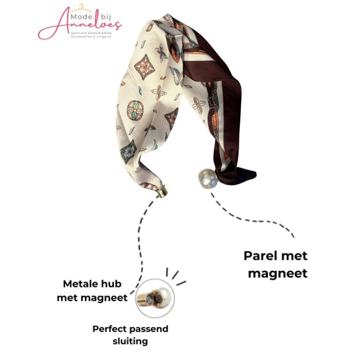 Dames Halssjaal Bruin beige blaadjes print korte sjaal met parel 542 Dames Halssjaal Bruin beige blaadjes print korte sjaal met parel 542